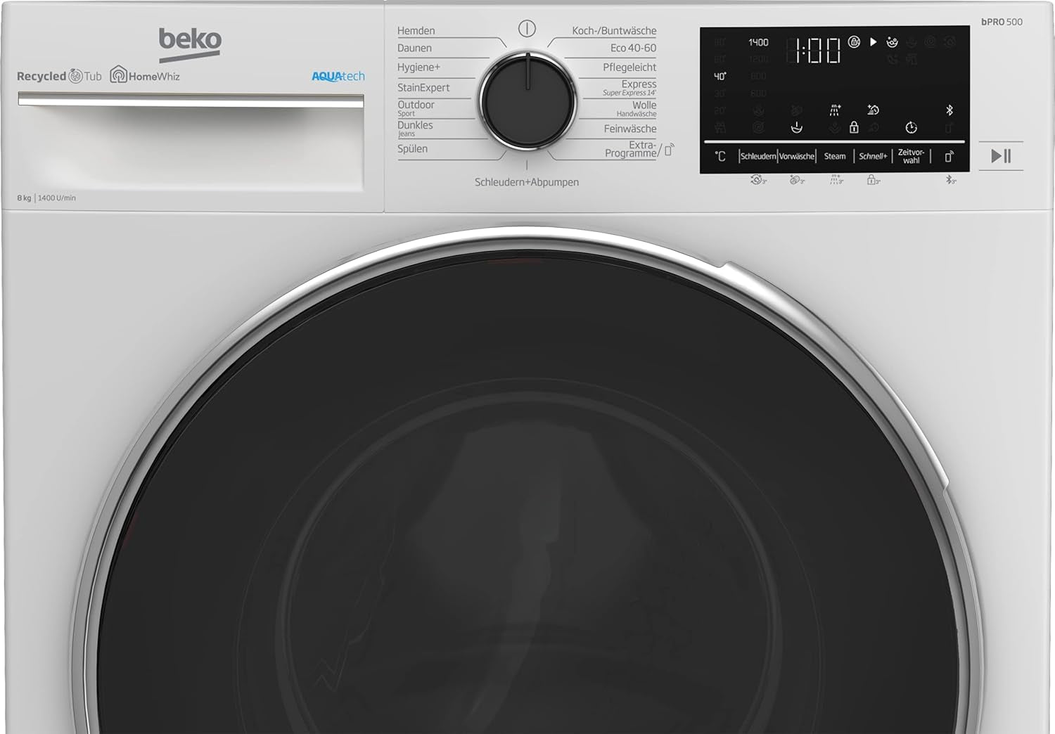 Beko B5WFU58418W Machine À Laver Automatique Avec Indicateur De Temps Restant Et Essorage 8Kg 1400 Tr/Min Bluetooth Fonction Vapeur Hygiénique + Hypoallergénique Lavage Rapide Avec Aquatech Blanc