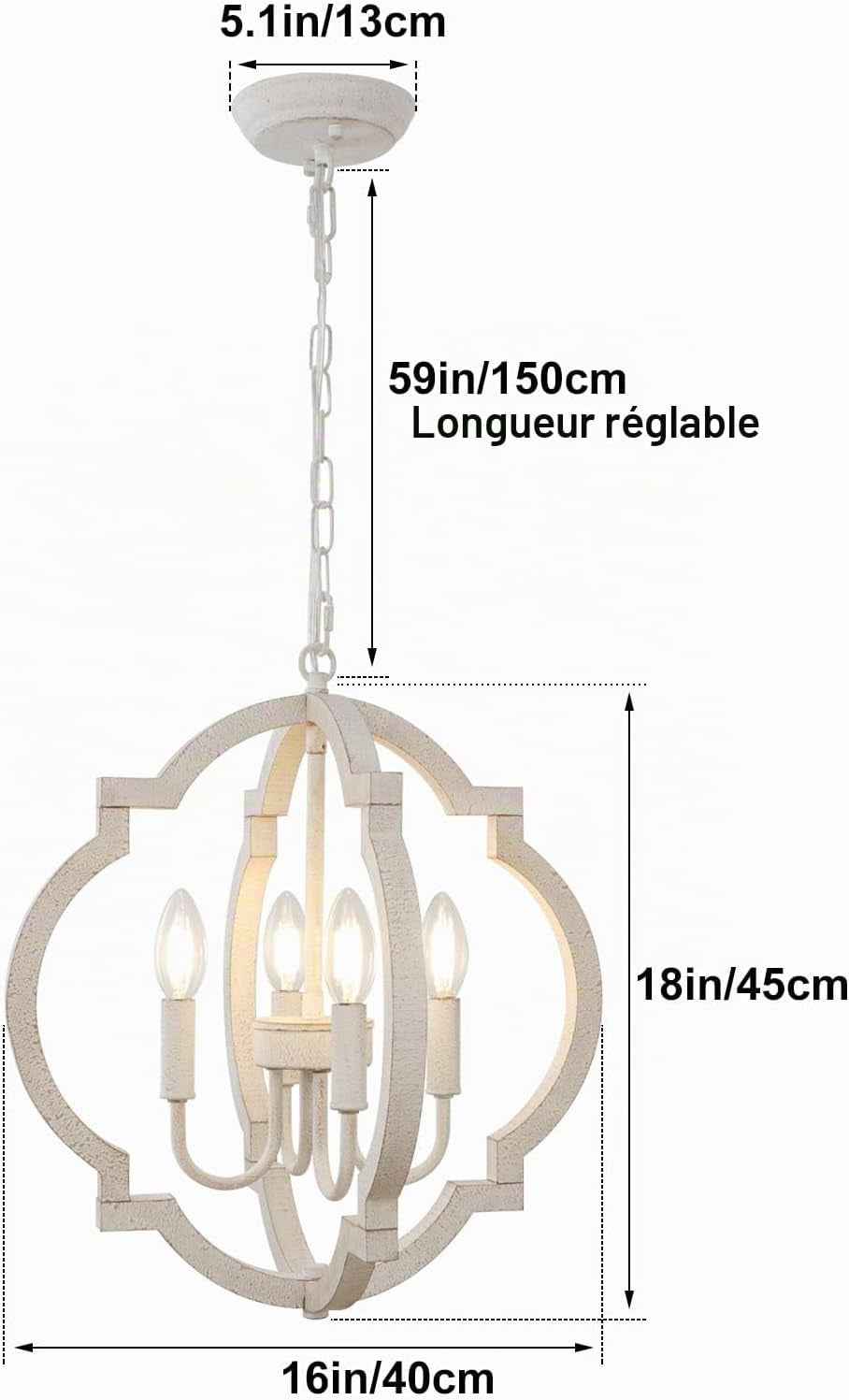 Lustre En Bois Blanc À 4 Lumières Lampe Suspendue Rustique Française Antique Classique Pour Salle À Manger, Entrée, Chambre À Coucher, Salon, Cuisine