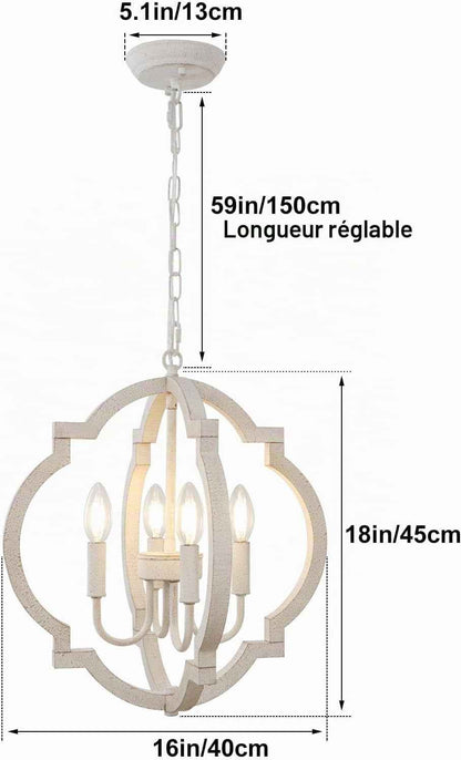 Lustre En Bois Blanc À 4 Lumières Lampe Suspendue Rustique Française Antique Classique Pour Salle À Manger, Entrée, Chambre À Coucher, Salon, Cuisine