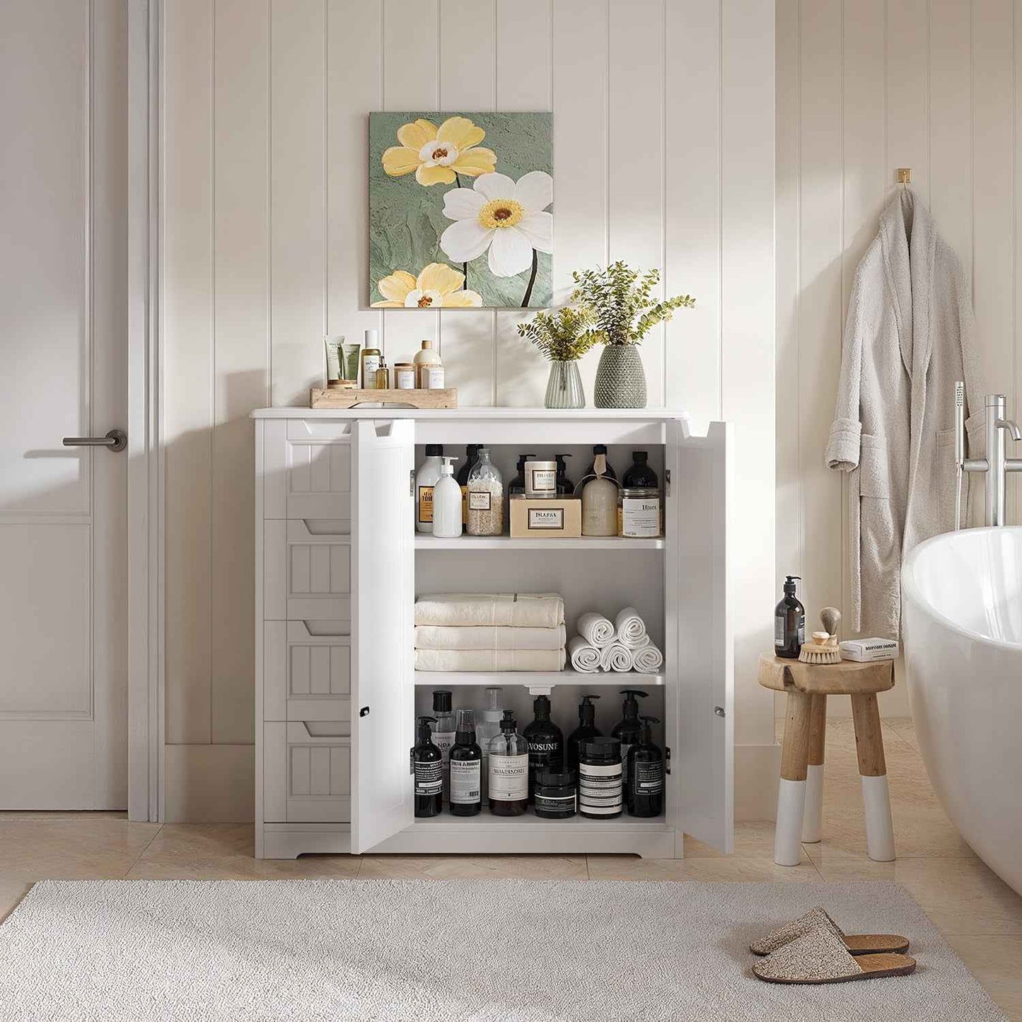 Meuble Salle De Bain Armoire De Baño, Avec 4 Tiroirs Et 2 Portes,Meuble Pour Salle De Bain Salon Cuisine,Avec Étagère Réglable,81 X 30 X 83 Cm,Blanc