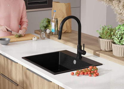 Evier Cuisine En Granit Noir - Riga, 58X50Cm | Lavabo 1 Bac + Kit De Vidage, Évier À Encastrer Au Meuble 60Cm (S305)
