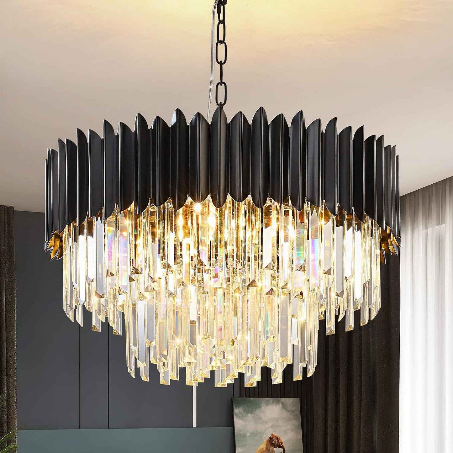 Moderne Lumière En Cristal De Luxe Suspendue, Lustre En Cristal Noir, 8Xe14 Raindrop Lustre Lumière Plafonnier Encastré Pour Salle À Manger, Φ60Cm