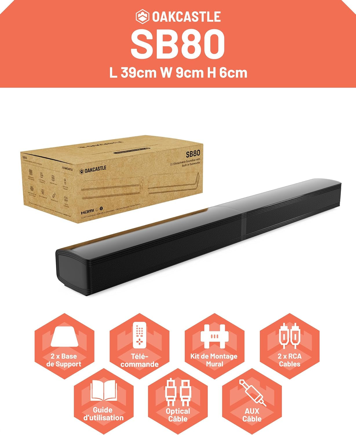 Barre De Son Home Cinema Sans Fil, Enceinte Pour Téléviseur SB80 | Barre De Son Avec Caisson De Basses Bluetooth 5.1 | HDMI Arc, Optique, AUX, USB Soundbar | Haut Parleurs TV | Support Mural