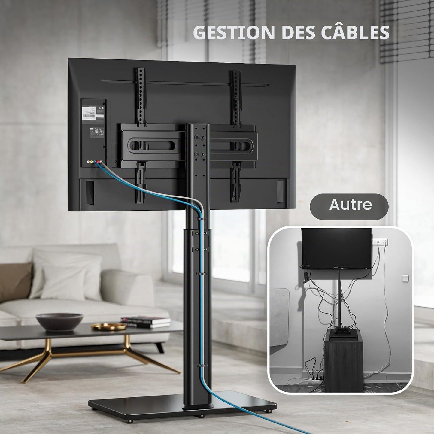 Support TV Au Sol Pour Téléviseurs 32-65 Pouces Jusqu'À 35 Kg Avec Inclinaison, Support TV Sur Pied Avec Pivotement À 70 Degrés, Max VESA 400X400Mm