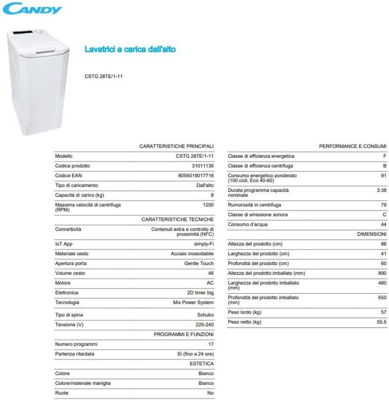Smart CSTG 28TE/1-11 Machine À Laver À Charge Par Le Haut, 8 Kg, 1200 Tours, 17 Programmes, Connectivité NFC, 41 X 60 X 86 Cm, Classe F, Blanc