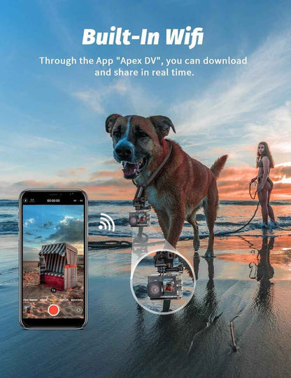 Caméra Sport 4K Étanche Action Cam Wifi EIS Double Écran Tactile | 4K60FPS, Photo 48MP, Stabilisation EIS, Camera Sous-Marine, 8 X Zoom, Télécommande, 2 Batteries 1350Mah, Kit D'Accessoires