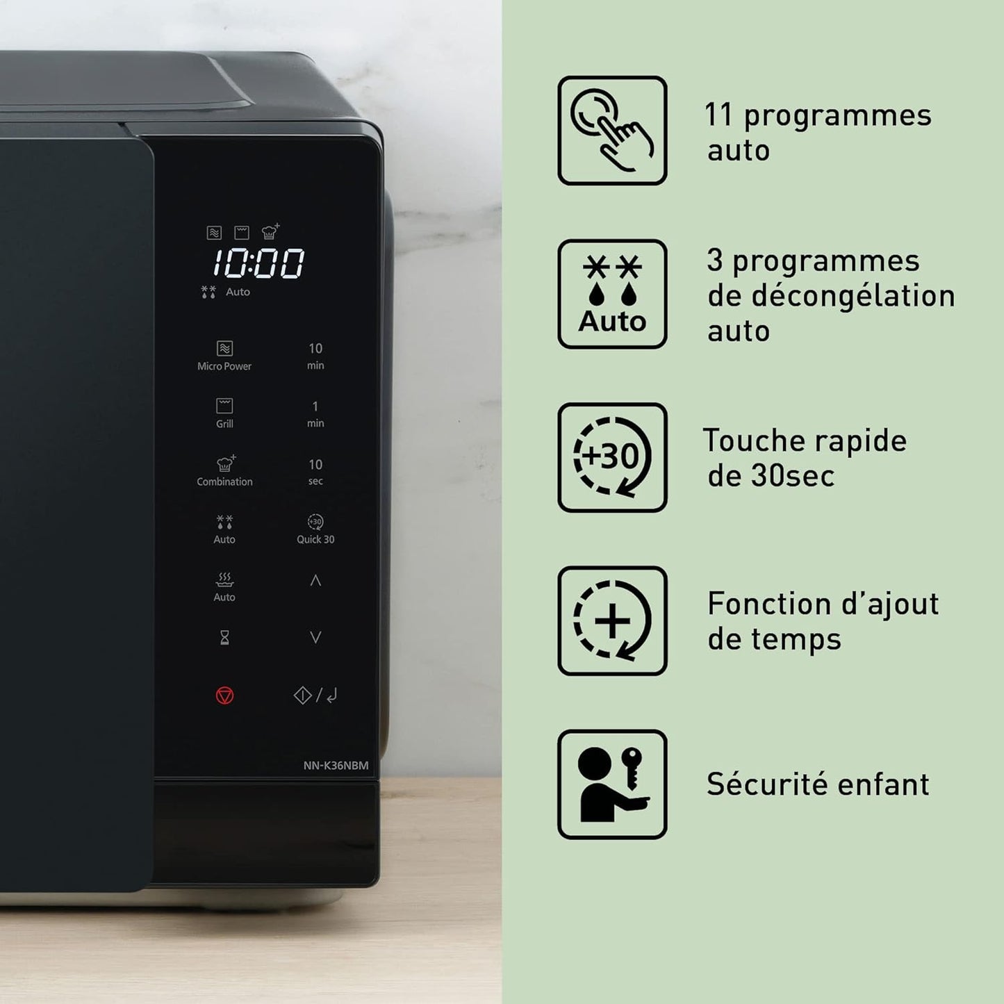 NN-K36NBMEPG, Four À Micro-Ondes Gril, 24 Litres, Puissance 900W, 8 Programmes Automatiques, Cuisson Combinée, Fonction Quick 30, Noir