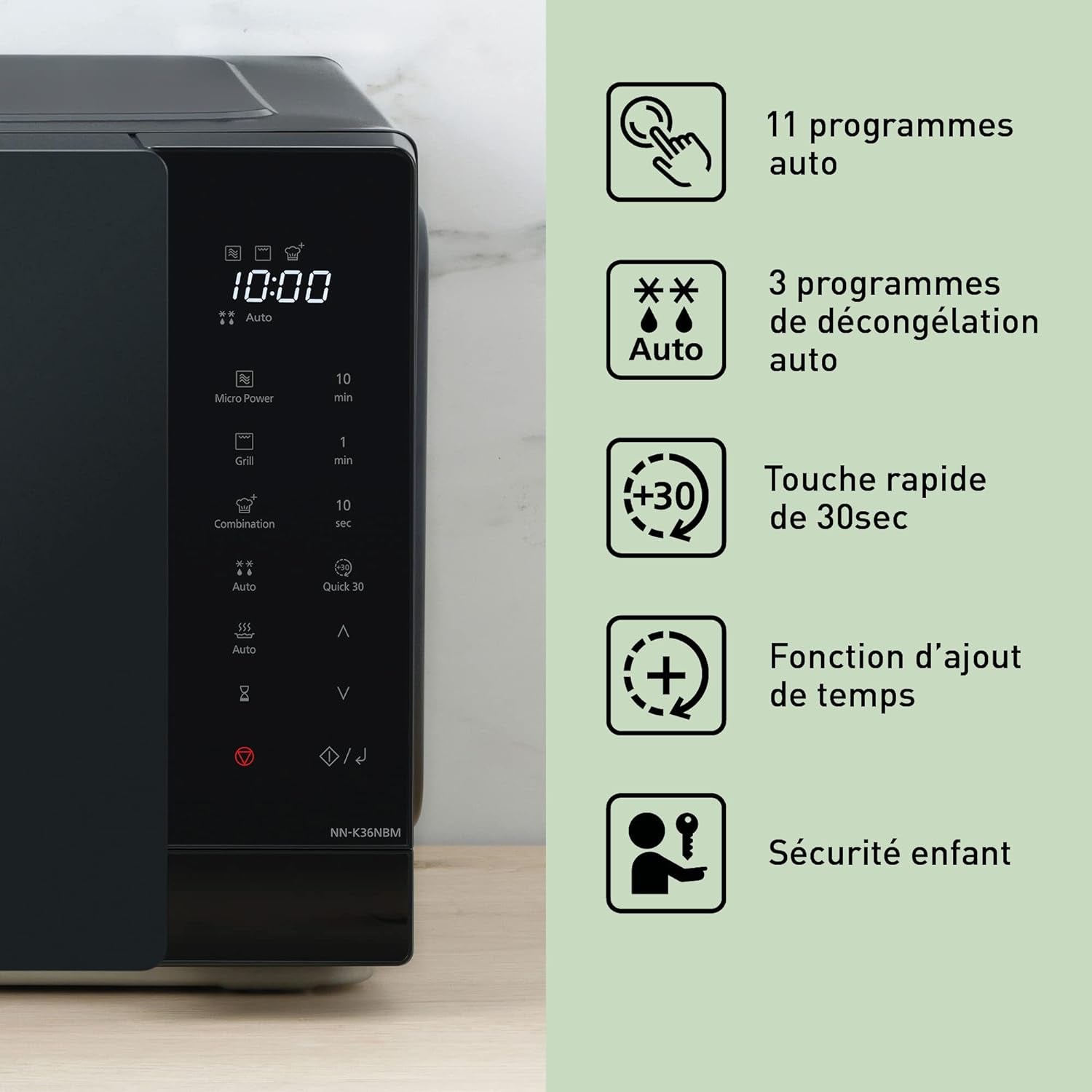 NN-K36NBMEPG, Four À Micro-Ondes Gril, 24 Litres, Puissance 900W, 8 Programmes Automatiques, Cuisson Combinée, Fonction Quick 30, Noir