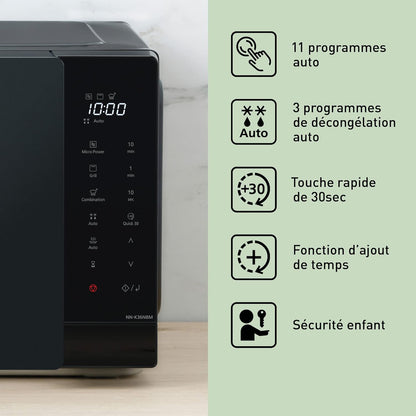 NN-K36NBMEPG, Four À Micro-Ondes Gril, 24 Litres, Puissance 900W, 8 Programmes Automatiques, Cuisson Combinée, Fonction Quick 30, Noir
