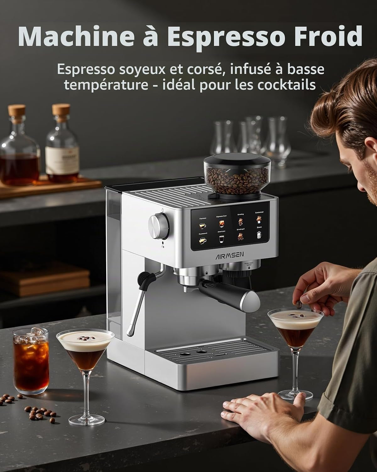 20 Bar Espresso Machine À Café Grain Avec Mousseur, 10 Réglages De Mouture, Ecran Tactile, En Acier Inoxydable, Réservoir 1,8 L- Espresso, Café Froid (Cold Brew), Americano Et Latte