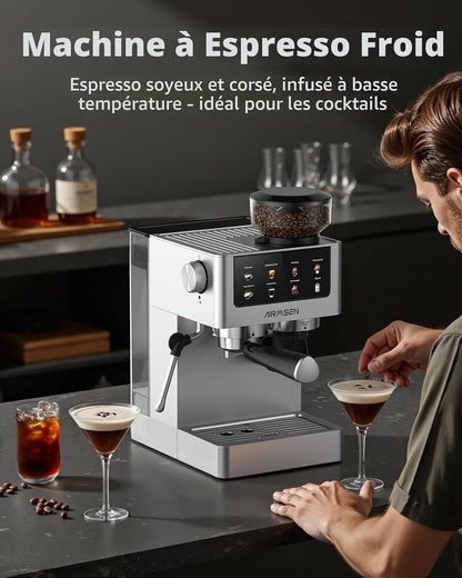 20 Bar Espresso Machine À Café Grain Avec Mousseur, 10 Réglages De Mouture, Ecran Tactile, En Acier Inoxydable, Réservoir 1,8 L- Espresso, Café Froid (Cold Brew), Americano Et Latte