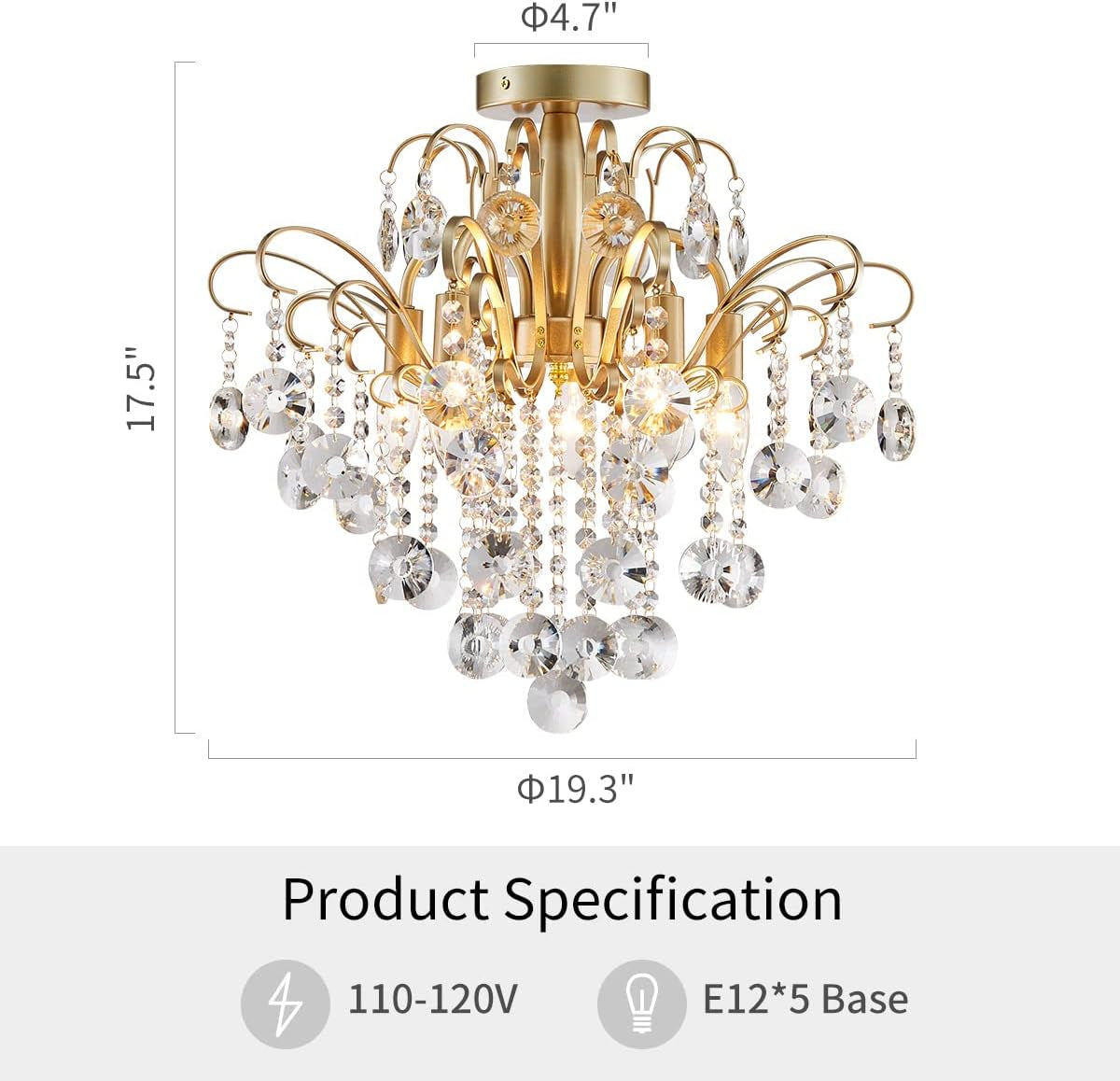 Lustre En Cristal Plafonnier Encastré Luminaire Moderne Pour Chambre À Coucher Couloir Bar Cuisine Salle De Bain, H 45 X W 50, Base E14, Or