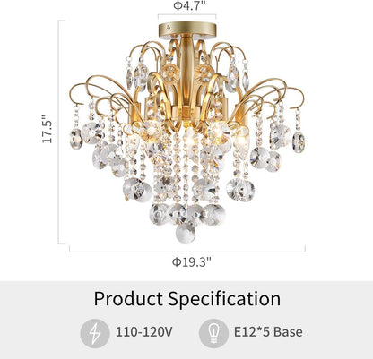 Lustre En Cristal Plafonnier Encastré Luminaire Moderne Pour Chambre À Coucher Couloir Bar Cuisine Salle De Bain, H 45 X W 50, Base E14, Or