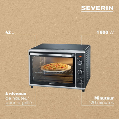 Mini-Four À Chaleur Tournante 42 L Avec Pierre À Pizza Et Tournebroche, Four Posable 1 800 W Design Élégant, Électrique Avec Minuteur 120 Min, Noir/Inox, to 2058