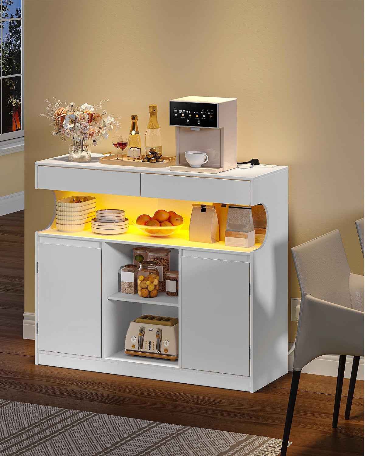 Meuble Cuisine, Buffet, Avec Multiprise Et Éclairage LED | Meuble De Rangement, 2 Tiroirs Et 2 Portes, Placard, Cuisine, Salon, 35 X 100 X 85 Cm, Blanc SC64903X