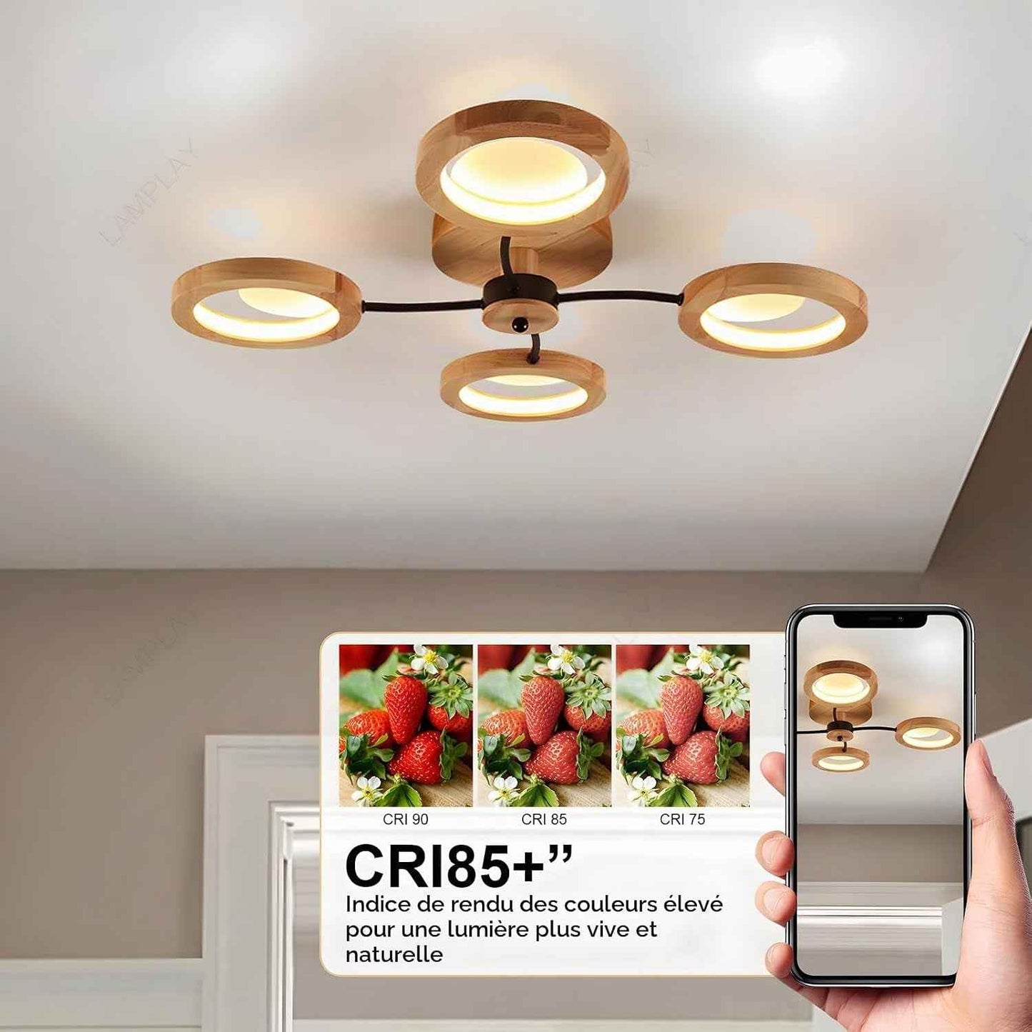 Plafonnier LED Moderne, Lustre Ø74Cm Dimmable Avec Télécommande 3000K-6000K, Bras Noir + 4 Anneaux En Bois, Abat-Jour Cercle En Métal, Salon Chambre Salle À Manger Bureau