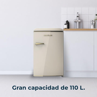Mini Frigo Réfrigérateur Rétro Bolero Coolmarket TT Origin 110 Beige E. Mini Frigo Rétro Avec Une Capacité De 110L, Classe E, Icebox, LED Intérieur, Poignée Chromée, Plateaux En Verre