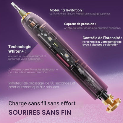 WHITEN+ – Brosse À Dents Électrique Avec Capteur De Pression, 5 Modes, 3 Intensités, 8 Têtes Souples, Moteur Puissant, Étui De Voyage Luxe Inclus (Pivoine)