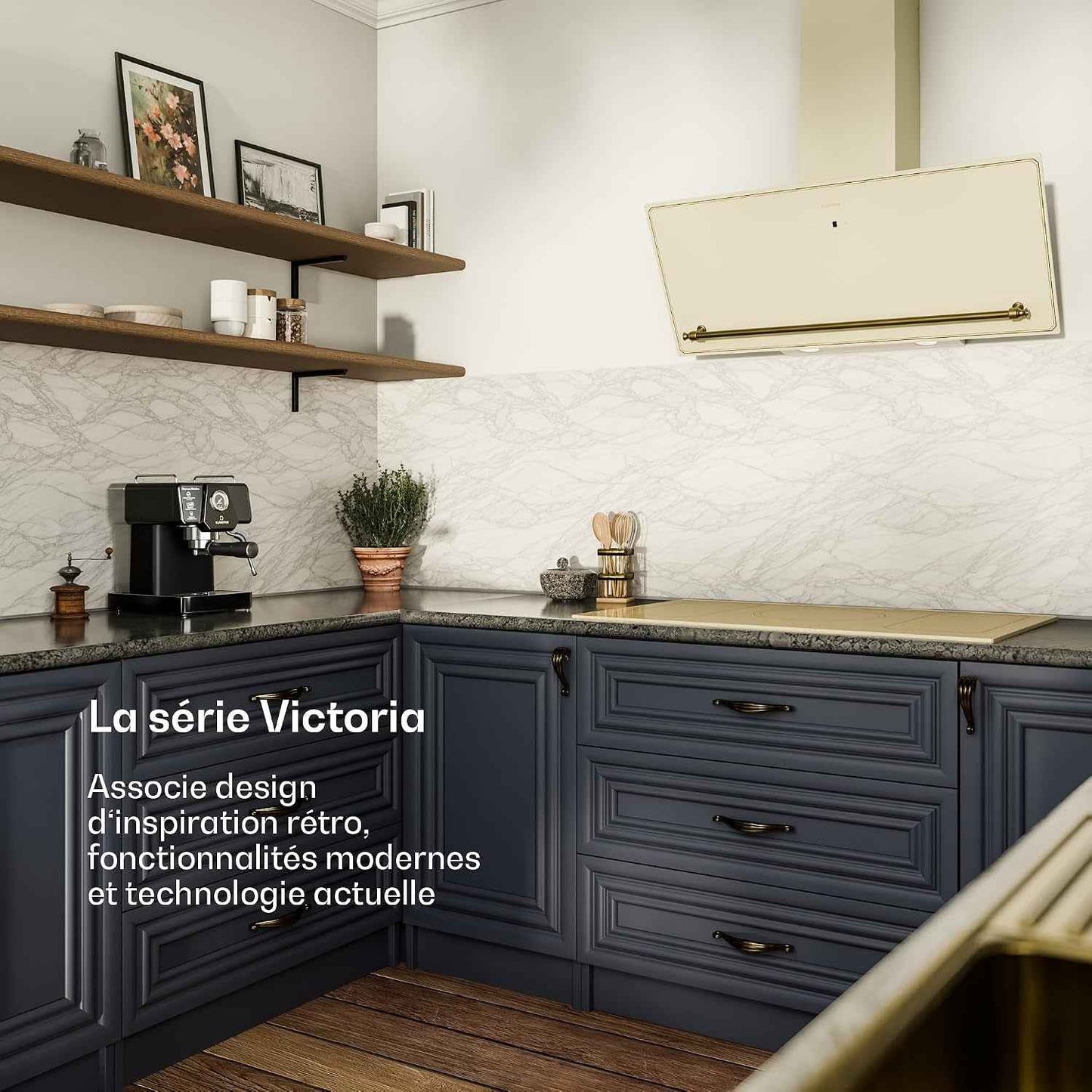 KLARSTEIN Victoria Hotte Aspirante - 90Cm Hotte Cuisine Angulaire, Débit D'Air 400 M³/H, Panneau Tactile LED, A++ Énergie, Silencieuse 52 DB, Crème & Or, Extraction & Recirculation