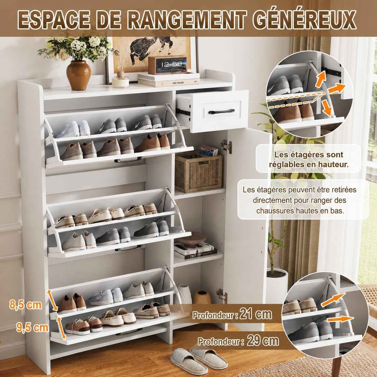 Meuble À Chaussures Avec 3 Compartiments Abattants, Tiroir, Compartiment Latéral À Étagères Réglables, Armoire À Chaussures Pour Entrée, Blanc