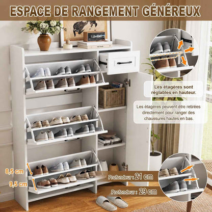 Meuble À Chaussures Avec 3 Compartiments Abattants, Tiroir, Compartiment Latéral À Étagères Réglables, Armoire À Chaussures Pour Entrée, Blanc