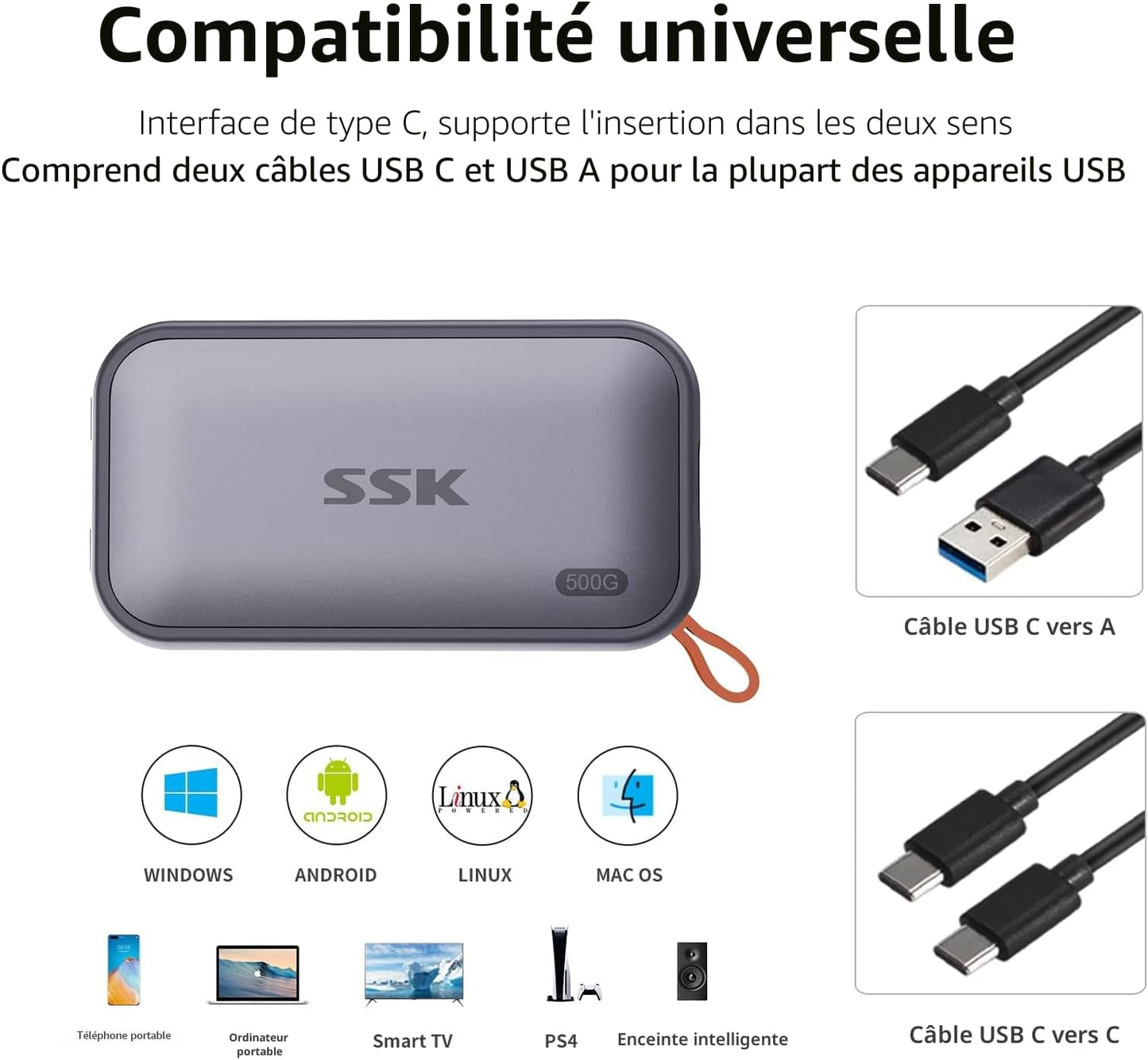 500 Go SSD Externe Jusqu'À 1050Mo/S En Lecture, USBC 3.2 Gen2 Disque Dur Externe Portable SSD Pour Iphone 15/16/PRO,PS5, Xbox, Ordinateur Portable, Macbook/Pro/Air Et Plus