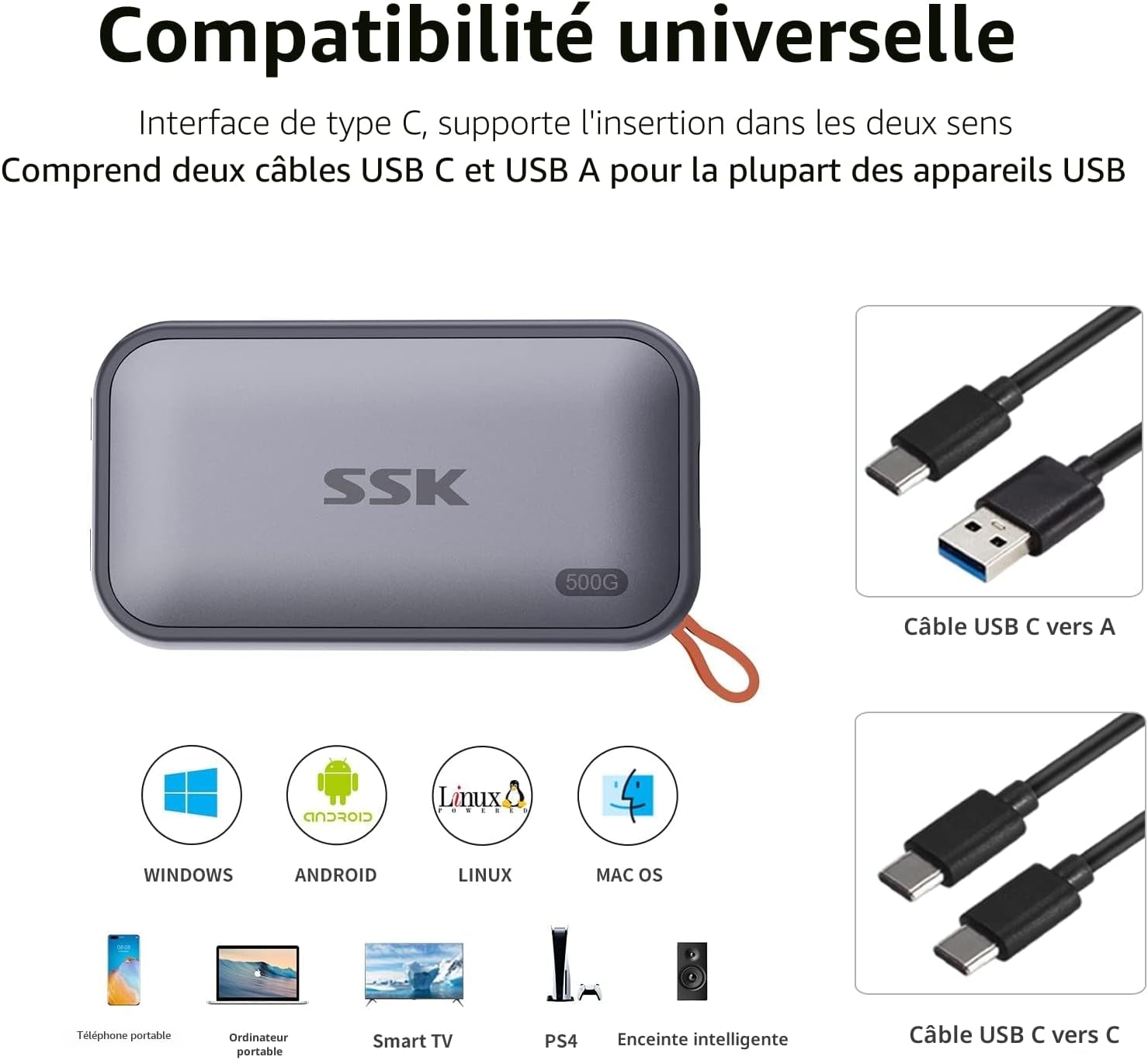 500 Go SSD Externe Jusqu'À 1050Mo/S En Lecture, USBC 3.2 Gen2 Disque Dur Externe Portable SSD Pour Iphone 15/16/PRO,PS5, Xbox, Ordinateur Portable, Macbook/Pro/Air Et Plus