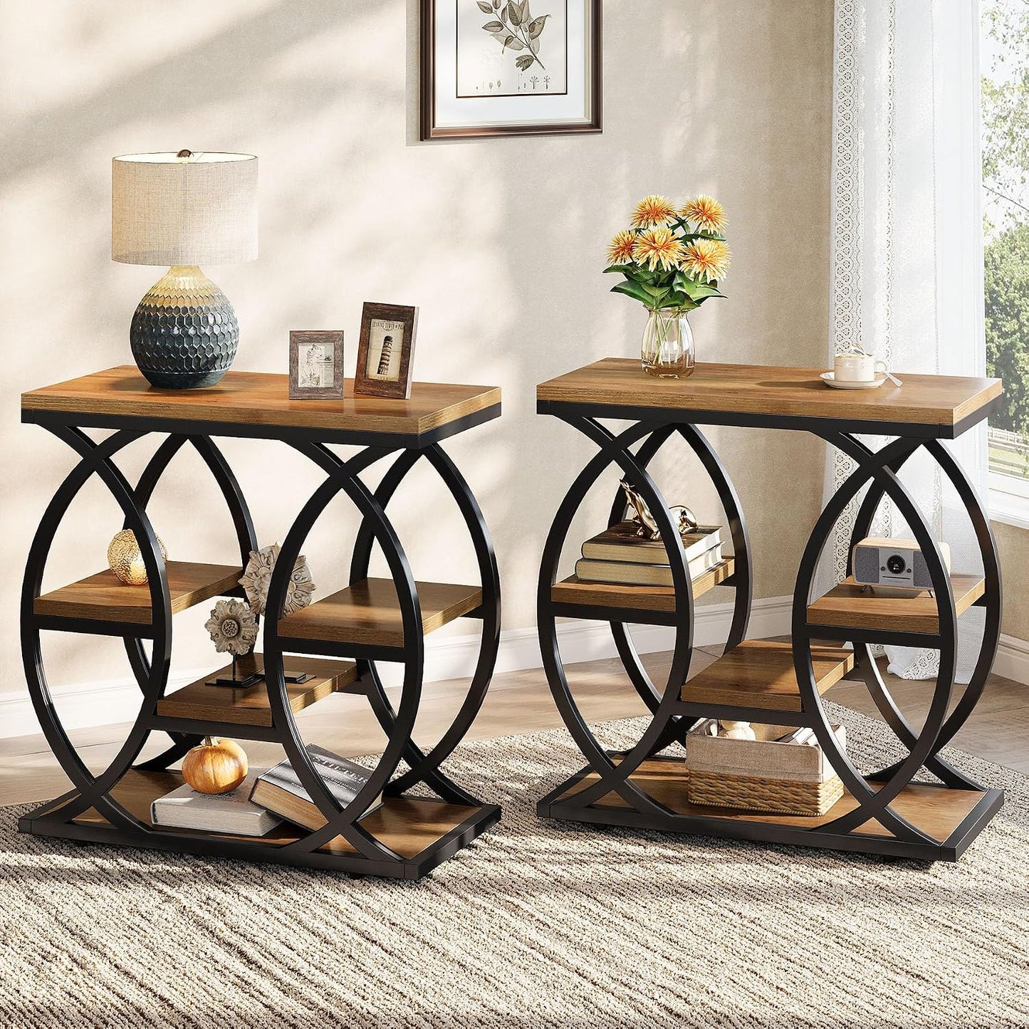 Table D'Appoint Avec 4 Étagères, Table De Chevet Étroite Avec Espace De Rangement, Table Basse Industrielle Pour Salon, Chambre À Coucher, Entrée, Marron Clair