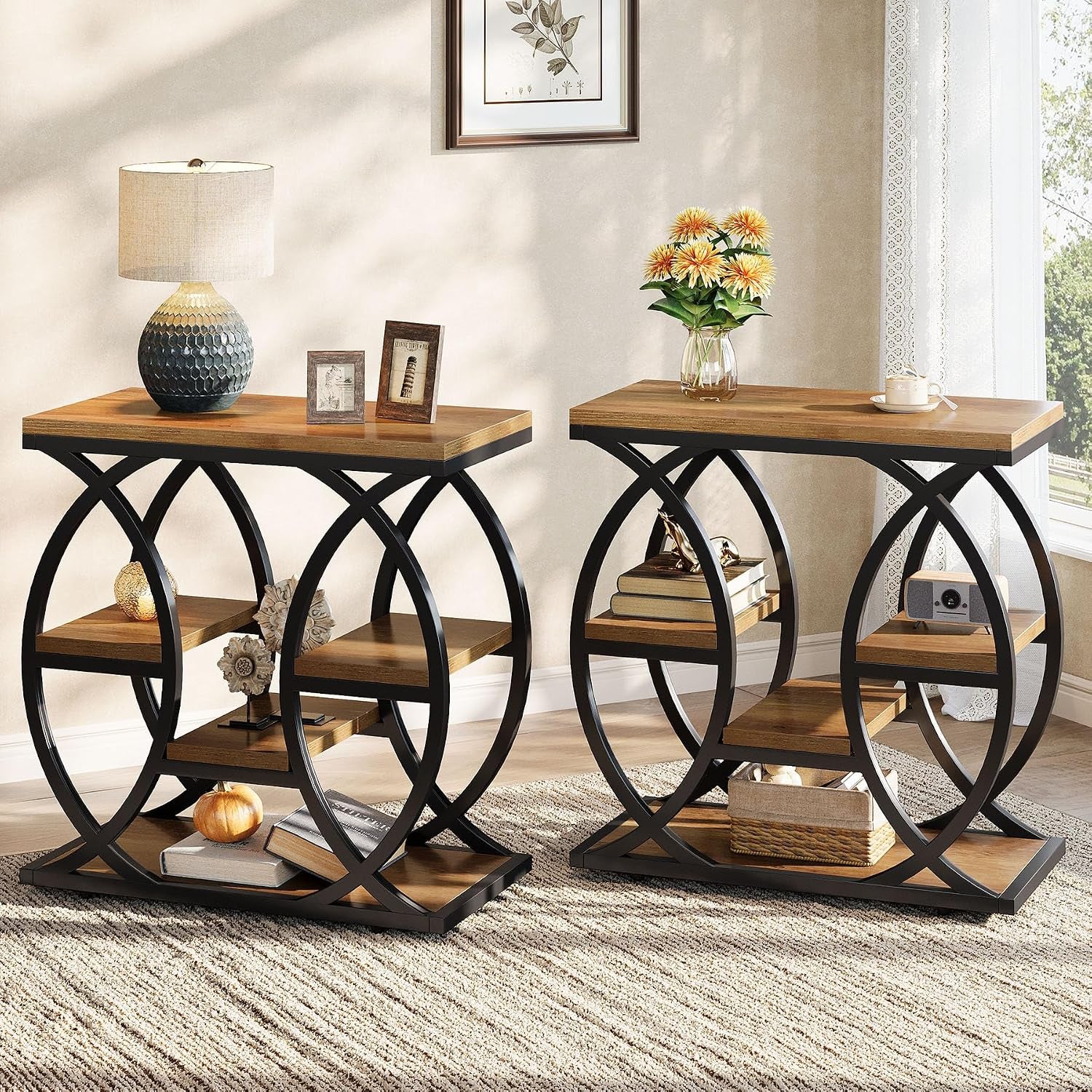 Table D'Appoint Avec 4 Étagères, Table De Chevet Étroite Avec Espace De Rangement, Table Basse Industrielle Pour Salon, Chambre À Coucher, Entrée, Marron Clair