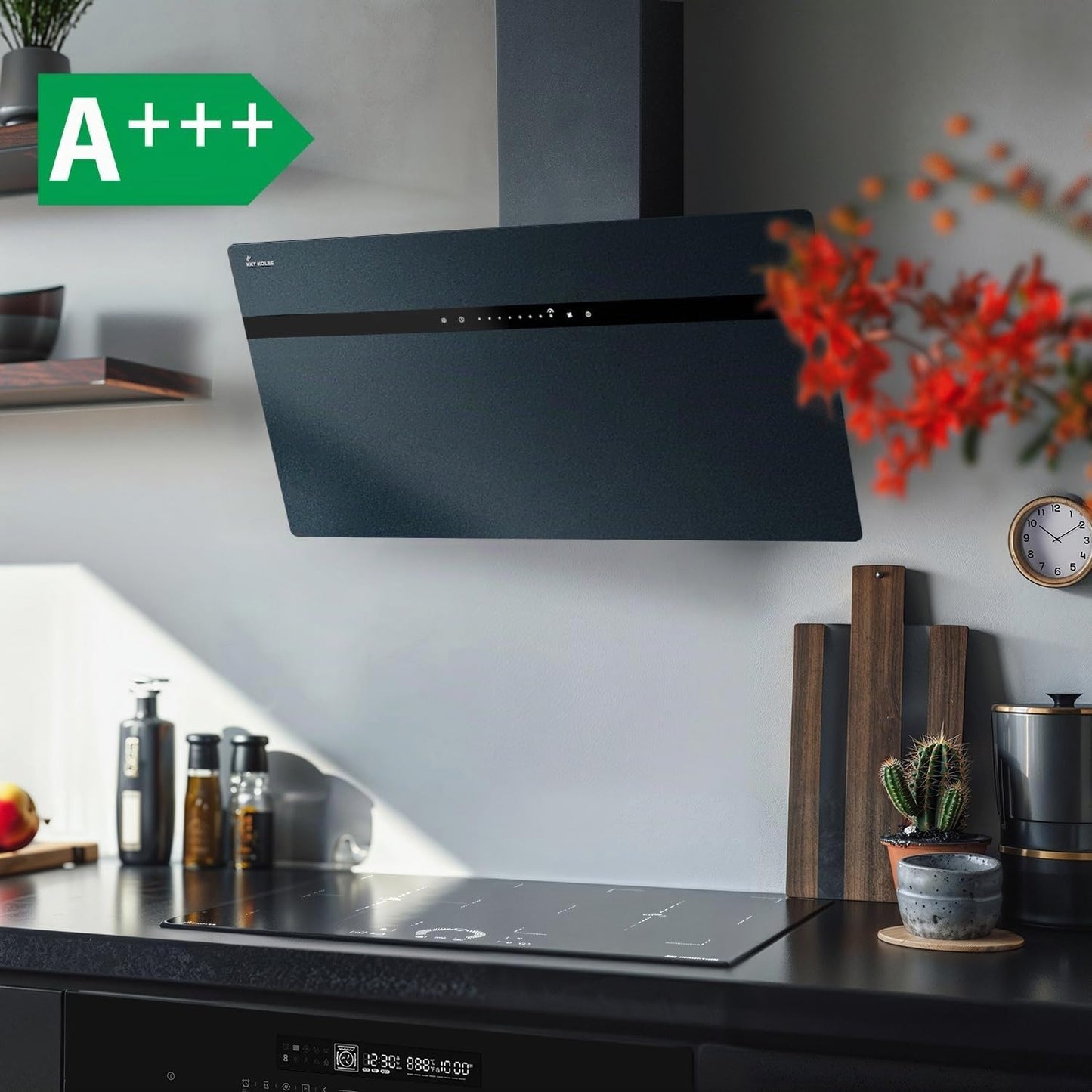 Hotte Aspirante Cuisine 80 Cm | Inclinées | Acier Inoxydable | Verre Noir | Wifi | Arrête Automatiquement | Éclairage LED RVB | Opération Tactile | STYLE8005SMAO