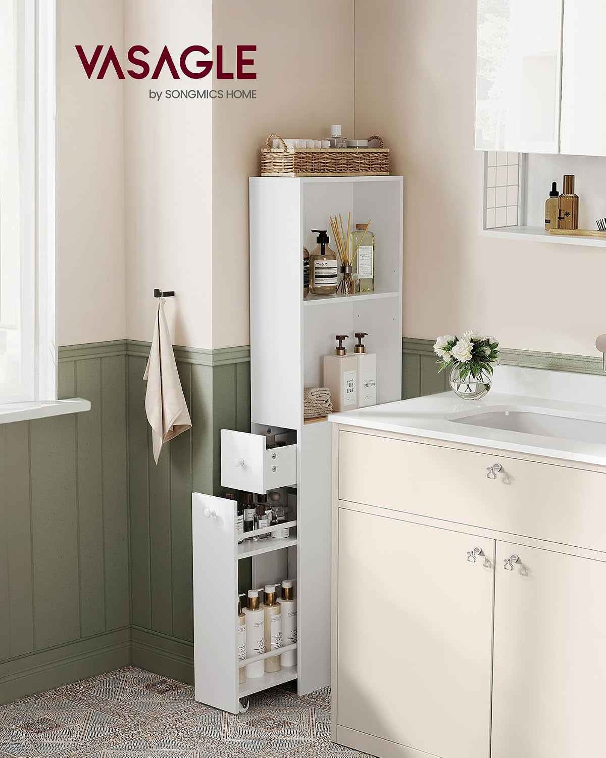Custos Collection - Meuble De Salle De Bain Haut Et Fin, Colonne De Rangement Avec Tiroirs Et Étagère Réglable, Armoire Pour Petits Espaces, Style Moderne, Blanc Classique BBK567T14V1
