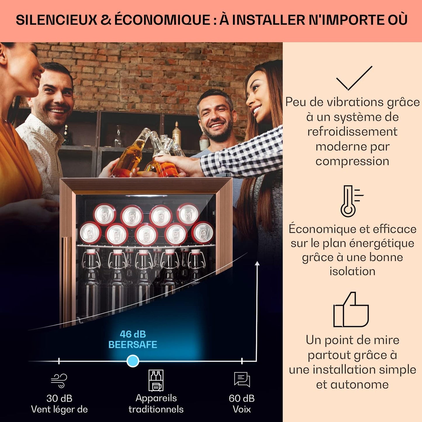 Mini Frigo De Chambre De 60L Pour Boissons Et Bieres, Petit Frigo Silencieux, Mini Bar Intérieur/Ext, Petit Refrigerateur Camping, Stockage De Vins, Cosmetique, Étagères Réglables, 3-10°C