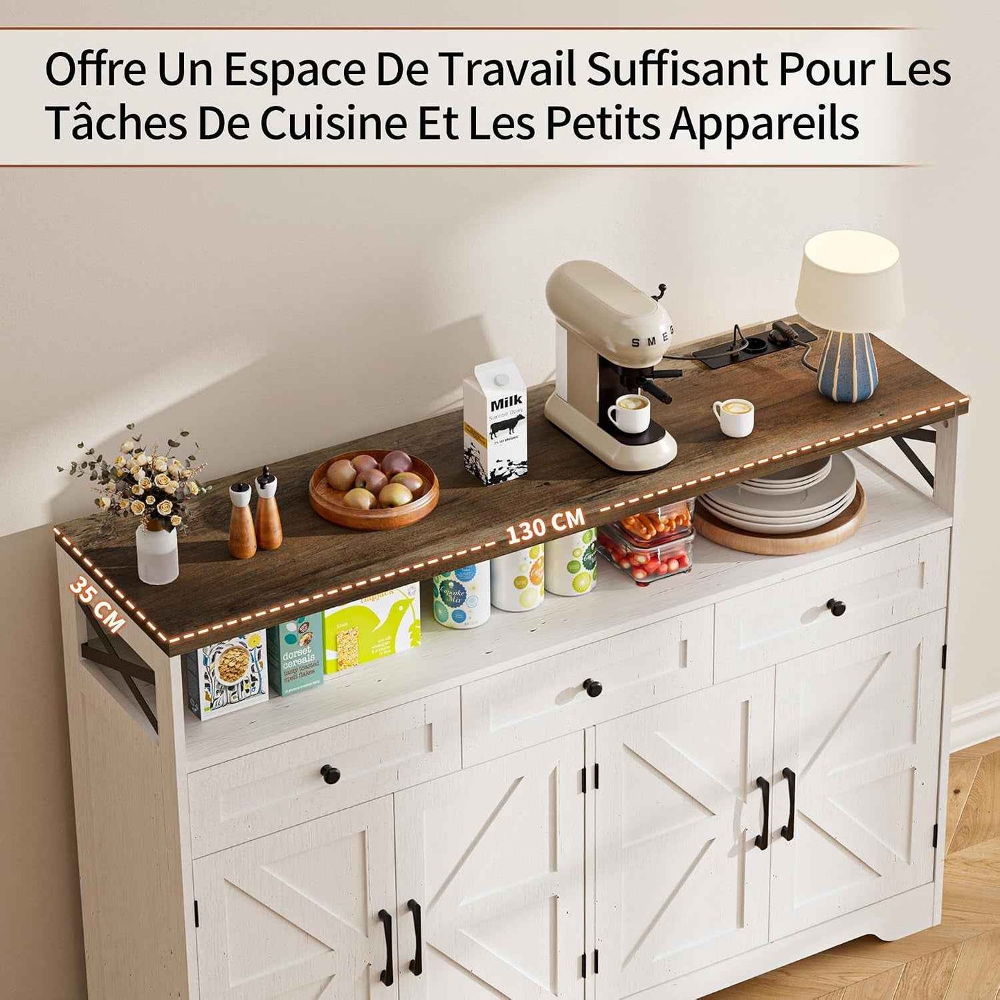 Meuble De Rangement, Buffet, Avec Placard 4 Portes, 3 Tiroirs, Enfilade Avec Étagère Ouverte, Pour Salle À Manger, Salon, Cuisine, Entrée, 130 X 35 X 95 Cm, Blanc