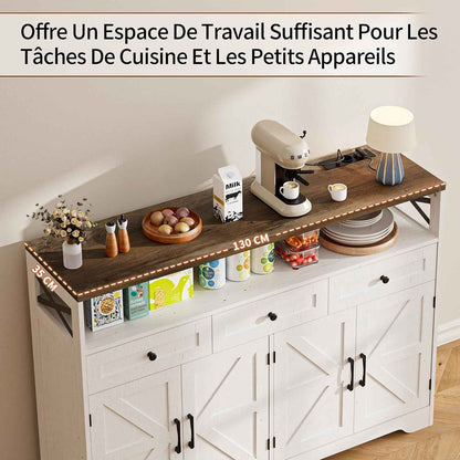 Meuble De Rangement, Buffet, Avec Placard 4 Portes, 3 Tiroirs, Enfilade Avec Étagère Ouverte, Pour Salle À Manger, Salon, Cuisine, Entrée, 130 X 35 X 95 Cm, Blanc