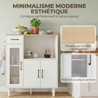 Buffet Cuisine 1 Tiroir 3 Portes 80 X 34 X 91 Cm Blanc Et Chêne | Meuble De Rangement, 1 Porte En Acrylique Cannelée, Étagère Ouverte, Style Moderne, Pour Salon Et Chambre