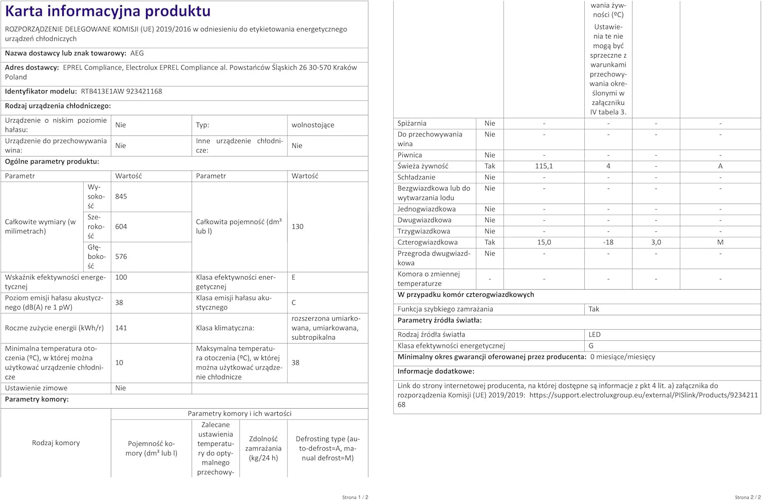 RTB413E1AW Réfrigérateur De Table Autonome / 850 Mm/Congélateur 3 Étoiles / 130 L/E