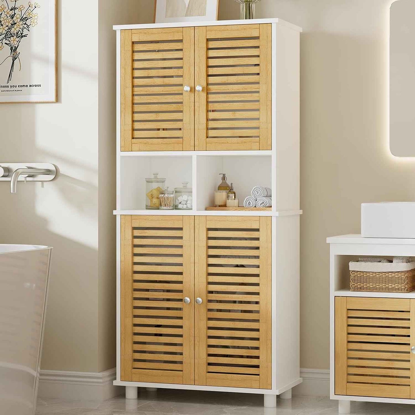 Meuble De Rangement, Meuble Colonne Pour Salle De Bain Avec 4 Portes En Bambou, 2 Étagères Réglables Et Ouvertes, Armoire De Salle De Bain Pour Salon Et Cuisine, 60 X 30 X 128 Cm, Blanc