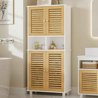 Meuble De Rangement, Meuble Colonne Pour Salle De Bain Avec 4 Portes En Bambou, 2 Étagères Réglables Et Ouvertes, Armoire De Salle De Bain Pour Salon Et Cuisine, 60 X 30 X 128 Cm, Blanc
