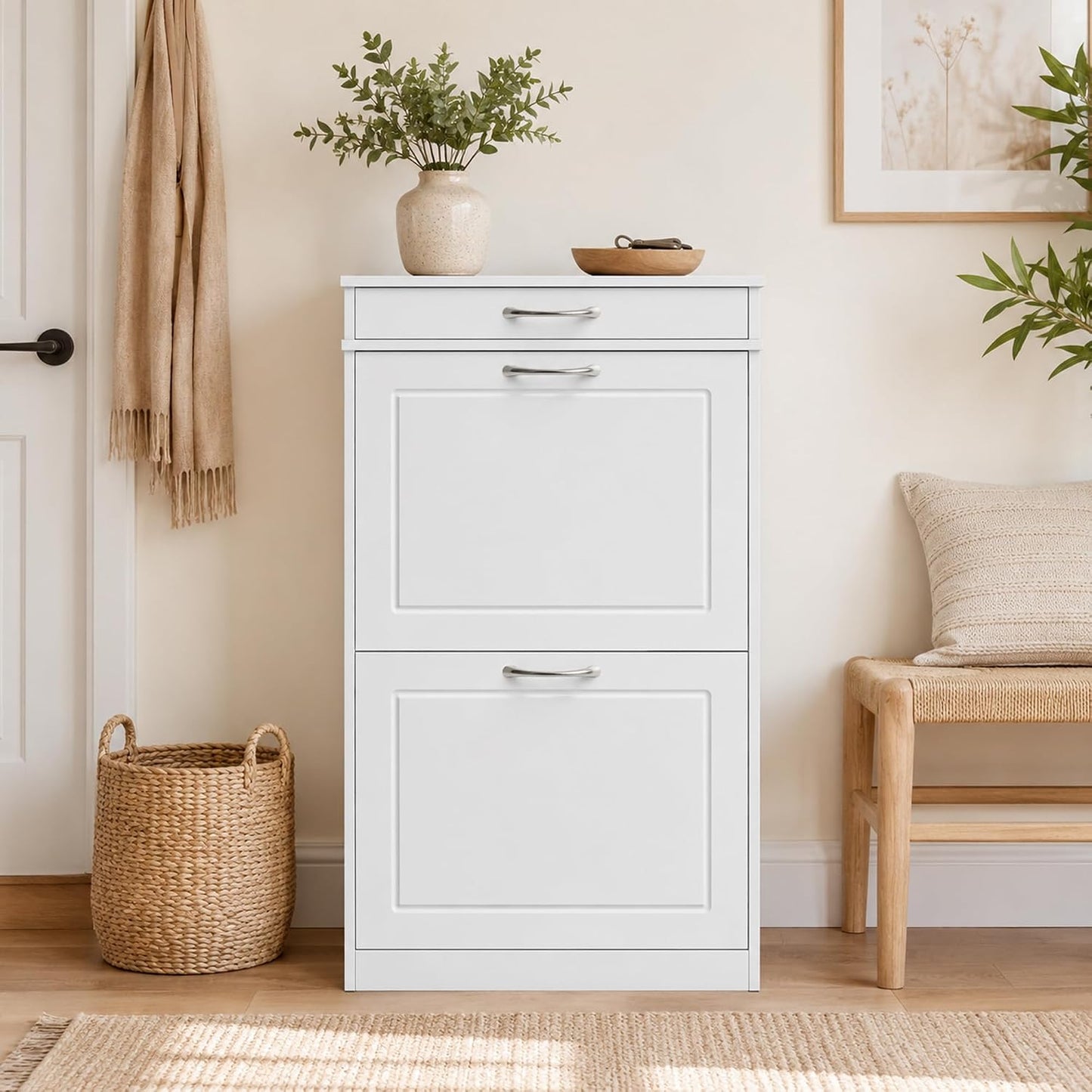 Meuble Chaussure 8 Paires Étroit, Tiroir 53 X 26,5 X 89 Cm Blanc | Armoire À Chaussures, 2 Portes Abattants, Étagère Réglable, Meuble D'Entrée Et Couloir