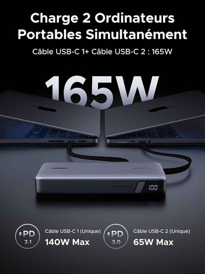 Nexode 165W Batterie Externe 25000Mah Power Bank Charge Rapide 140W | 4 EN 1, 2 Câbles USB C, 2 Ports 1C1A, Chargeur Portable PC, LED, Compatible Avec Iphone 17 16 15 Galaxy S26 S25 Ipad Macbook