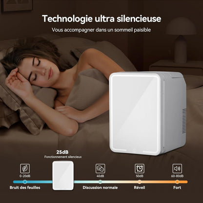 Mini Frigo 10L Avec Miroir LED, Mini Réfrigérateurs Portable, Petit Frigo Cosmetique 12V/220V, Frigo De Chambre Avec Fonction Chaud/Froid, Miroir De Maquillage Led Pour Voitures,Blanc