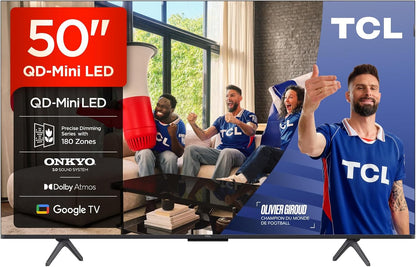 TCL 50Q6C Qd-Mini LED TV, 4K HDR Premium 1000Nits, Smart TV Alimenté Par Google (Dolby Vision IQ Et Atmos, Système Audio Onkyo 2.1, Motion Clarity Pro 144Hz, Game Master, Contrôle Vocal Mains Libres)
