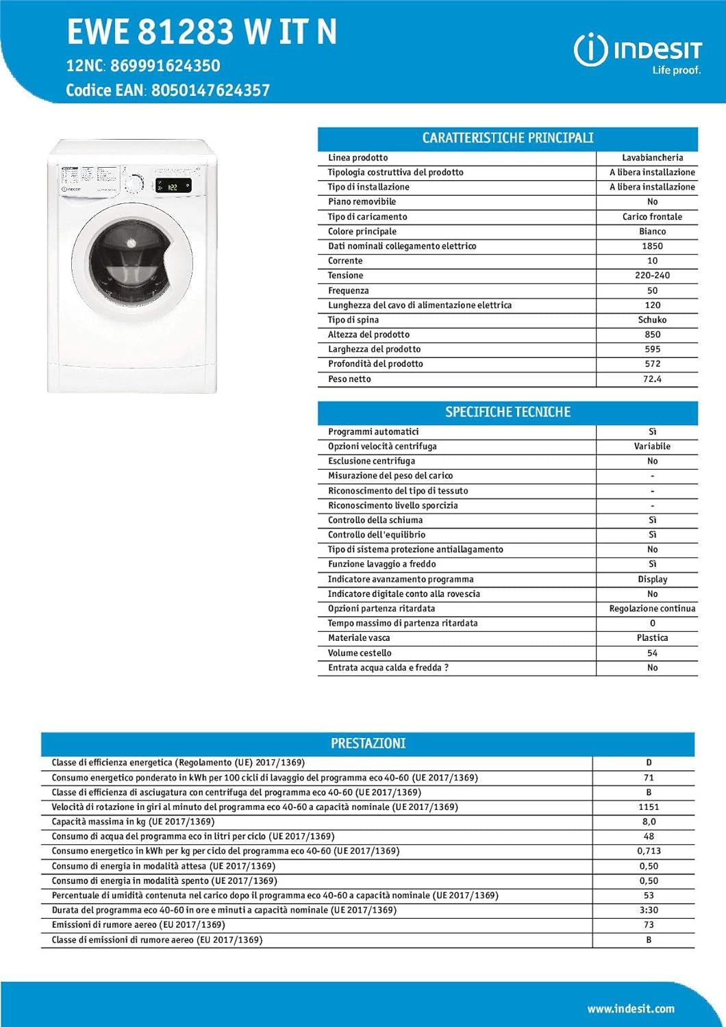 Indesit EWE 81283 W IT N, Machine À Laver À Montage Avant, 8 KG, 1200 TR/MIN, D