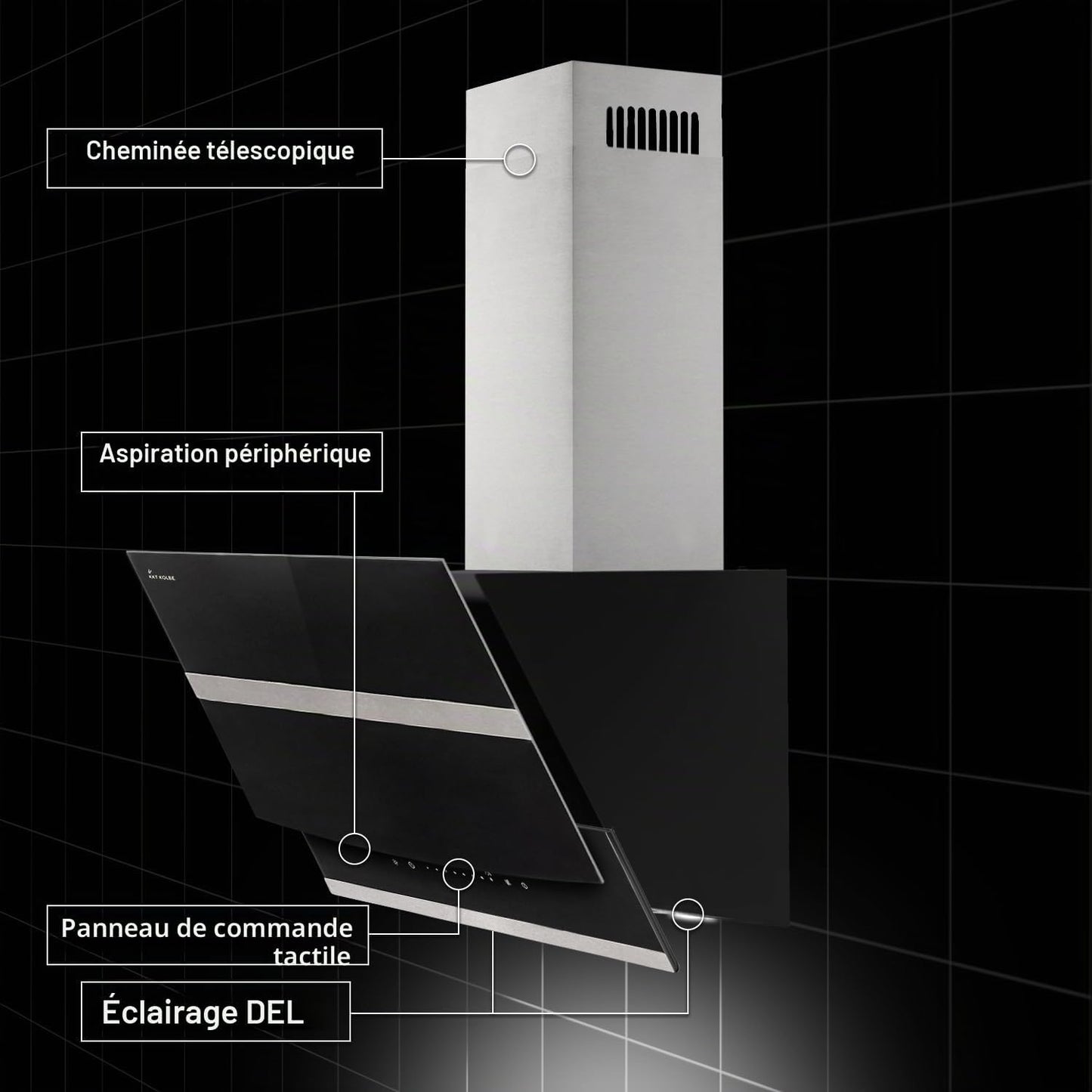 Hotte Aspirante Cuisine 60 Cm | Hotte Murale Inclinées | Acier Inoxydable | Verre Noir | Arrête Automatiquement | Opération Tactile | HERMES6005S