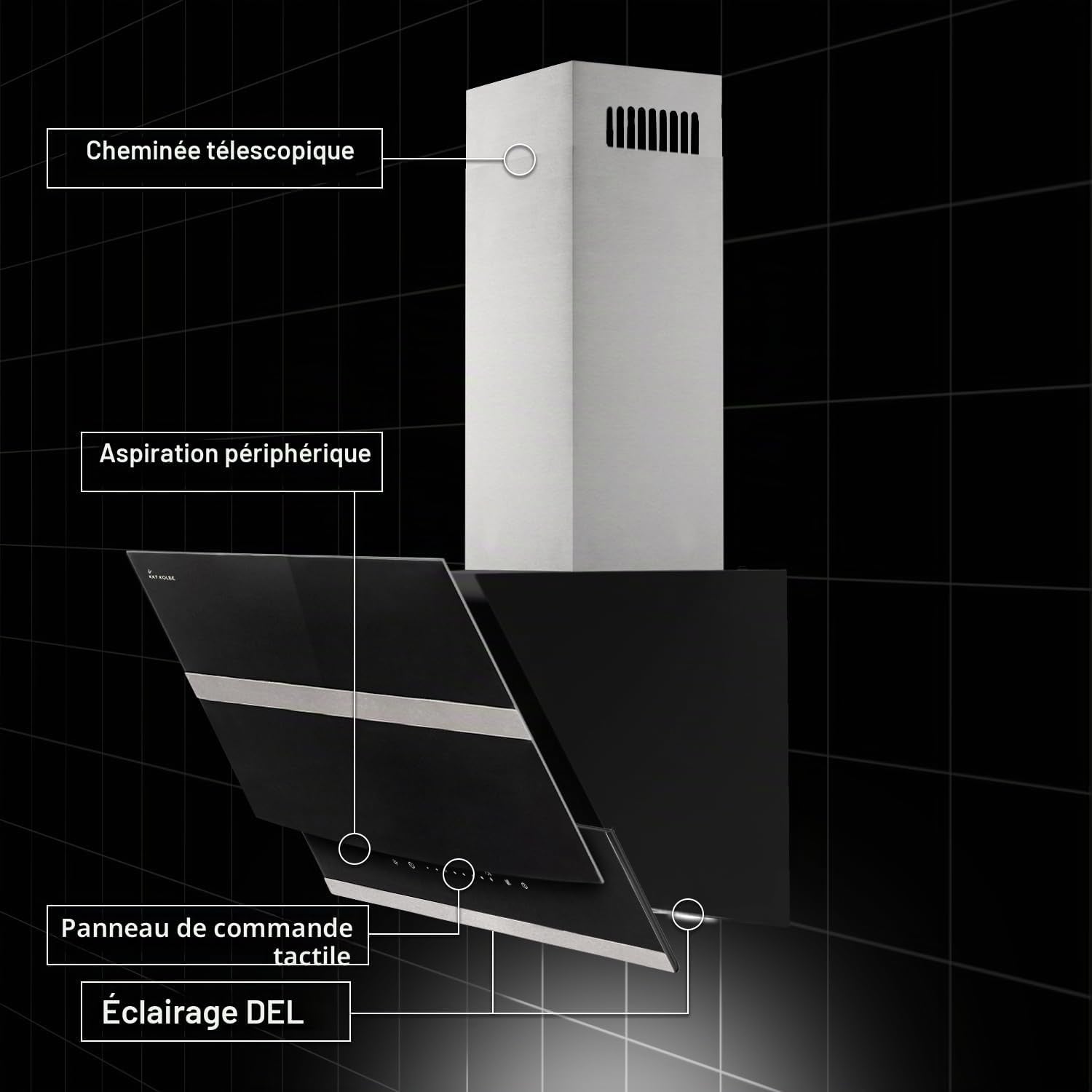 Hotte Aspirante Cuisine 60 Cm | Hotte Murale Inclinées | Acier Inoxydable | Verre Noir | Arrête Automatiquement | Opération Tactile | HERMES6005S