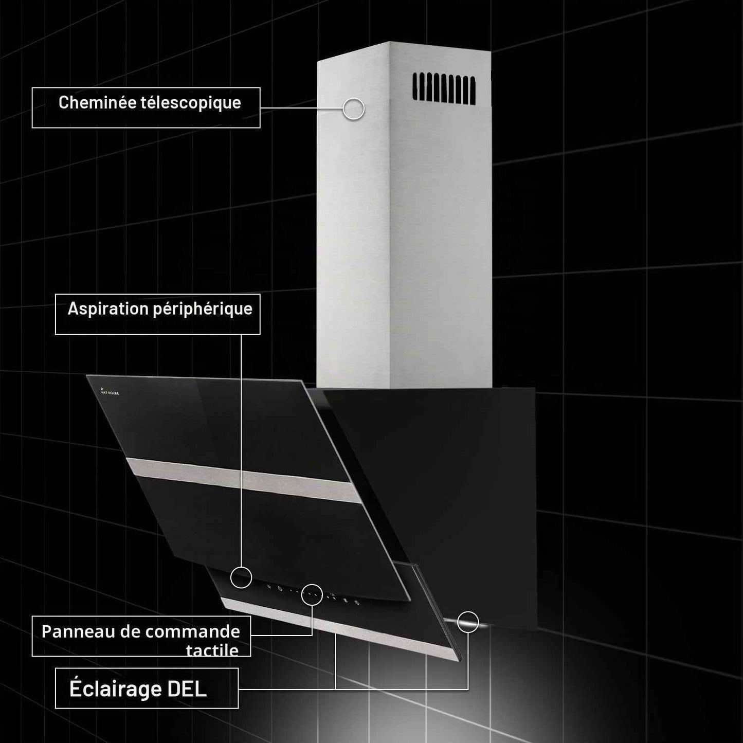 Hotte Aspirante Cuisine 80 Cm | Hotte Murale Inclinées | Acier Inoxydable | Verre Noir | Arrête Automatiquement | Opération Tactile | HERMES8005S