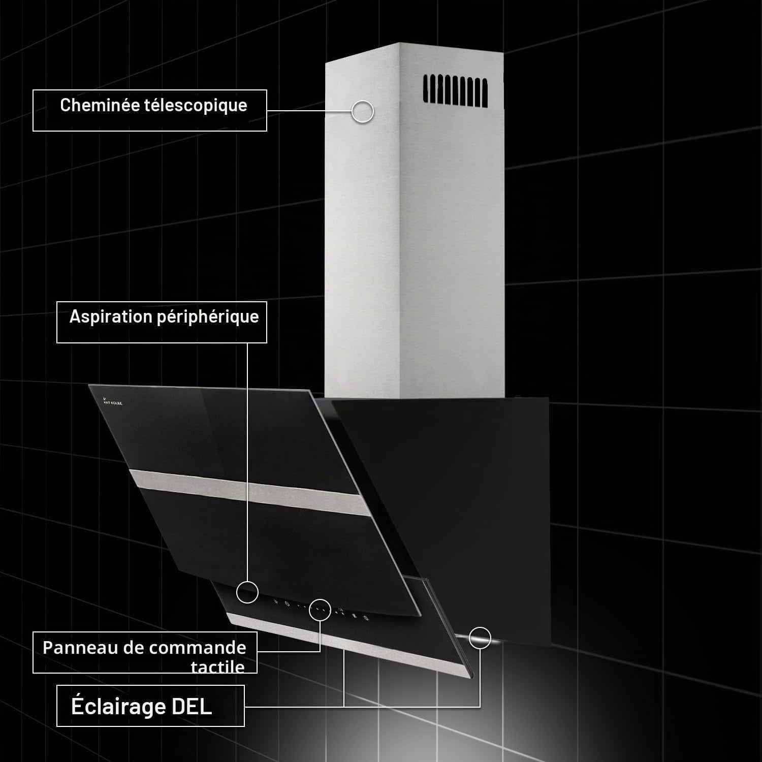 Hotte Aspirante Cuisine 80 Cm | Hotte Murale Inclinées | Acier Inoxydable | Verre Noir | Arrête Automatiquement | Opération Tactile | HERMES8005S