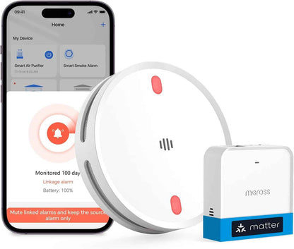 Matter Détecteur De Fumée Connecté Avec Hub MSH450, Alarme Incendie Intelligente Wifi Avec Notification App, LED Rouge D’Évacuation, Avec Apple Home, Home Assistant, Conforme EN14604, 1 Pièce