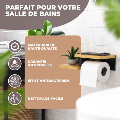 ® Porte Papier Toilette Mural En Bois De Bambou [Sans PERCAGE] | Derouleur Papier Toilette De Haute Qualité Avec Étagères | Blanc | Porte Rouleaux De Papier Toilette