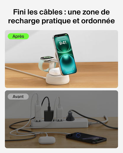 Belkin Ultracharge Pro Station Sans Fil 3-En-1 25 W, Qi2.2 - Beige | Qi2, Chargeur Magnétique Magsafe, Refroidissement, Câble Et Adaptateur Secteur 45 W, Recharge De Trois Appareils